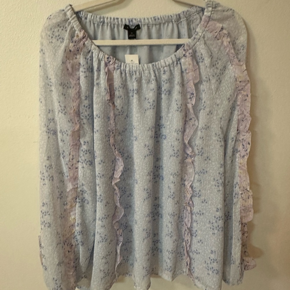 Ann Taylor Floral Ruffle Blouse - Light Blue and Lavender
